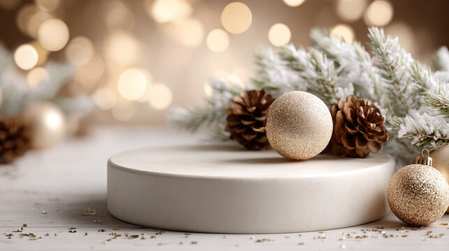 Empty marble product display stand with festive christmas decorations and sparkling bokeh lights, perfect for showcasing seasonal products and promotions