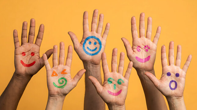 Diverse hands raised with painted smiley faces expressing joy and unity