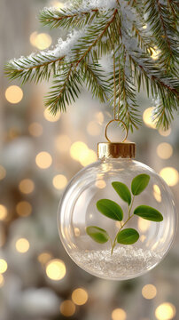 Christmas bauble holding a fresh green sprout, symbolizing new life and hope during the winter holidays, hanging from a snowy pine branch with bokeh lights