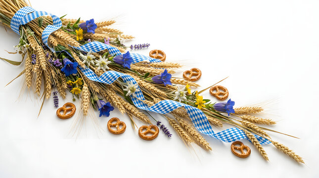 Harvest Wheat Bundle with Pretzels and Blue Ribbon.