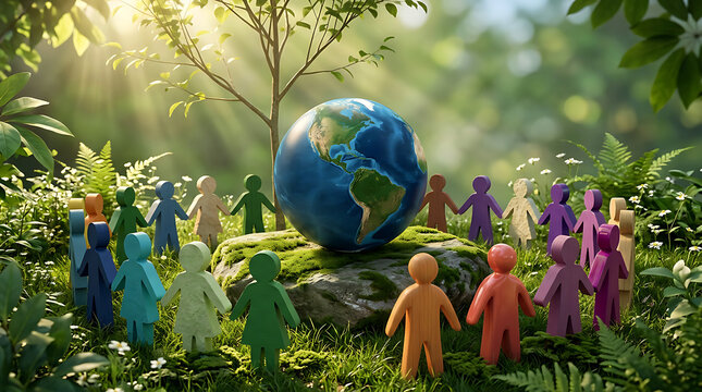 Diverse wooden figurines holding hands in a circle around a glowing Earth globe