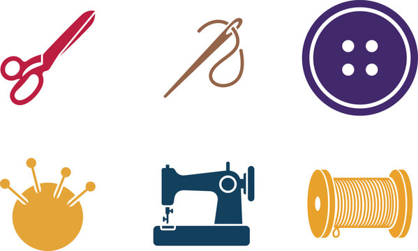Set of sewing and needlework equipment icons with scissors needle button pin cushion machine and spool vector