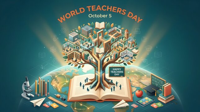 World teachers day celebration with a large knowledge tree growing from an open book and school supplies on a green background