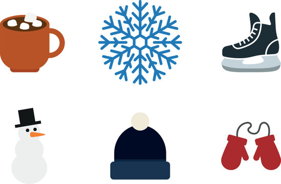 Set of six winter themed flat vector icons featuring seasonal leisure and cold weather clothing elements