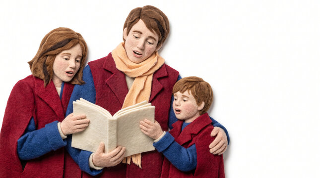 Family singing Christmas carols together while reading a book  