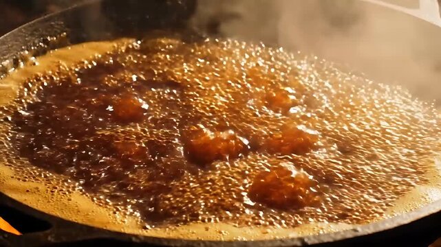 Cooking Oil Bubbling in a Large Skillet, Transitioning From Empty to Full with Hot Oil and Food. Culinary Process, Frying Food.