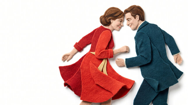 Young couple dancing joyfully in colorful outfits against white background  