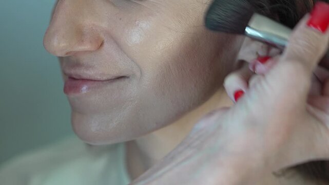 Beauty Makeup Artist Applying Contouring Powder With Soft Brush