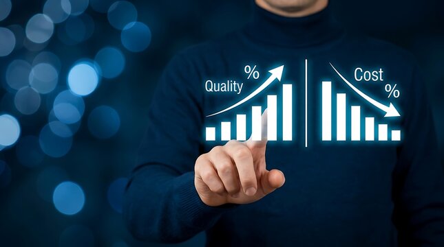 Person touching a glowing digital interface showing an increasing bar chart and a decreasing cost bar chart on a dark blue background
