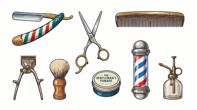 Colorful Vector Vintage Barber Grooming Tools Collection with Razor, Scissors and Comb Isolated on White Background