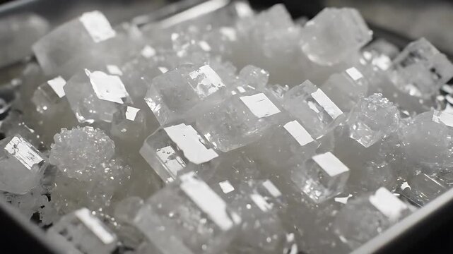 Ice Crystals Forming and Accumulating on a Metallic Surface, Gradually Filling the Frame with Sparkling Formations.