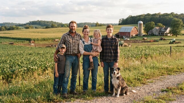 Happy farming family with dog and farm in background at sunset