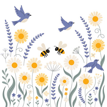Colorful cross stitch pattern of birds bees and flowers