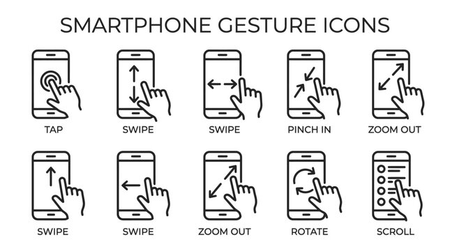 Set of smartphone touch screen gesture icons including tap swipe pinch zoom rotate and scroll hand actions for mobile