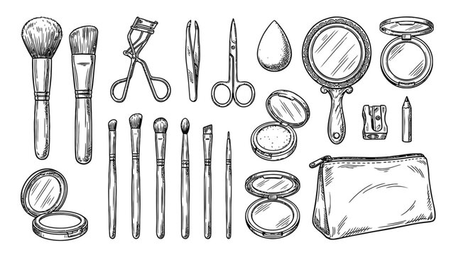 Set of makeup tools and cosmetic accessories including brushes mirror powder and bag in a hand drawn sketch style