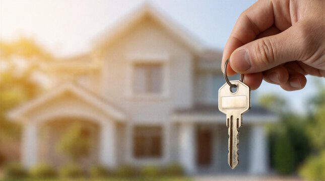 Holding key close up in hand with blurred house background representing real estate and property ownership