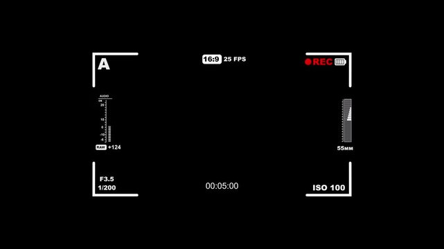 Camera recording overlay with clean cinematic viewfinder and digital HUD elements on dark background. Cinematic camera hud minimal style with recording overlay and digital screen elements. 4K Video