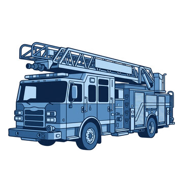 Title:Blue Line Art Illustration of a Modern Fire Truck with Extension Ladder for Emergency Services