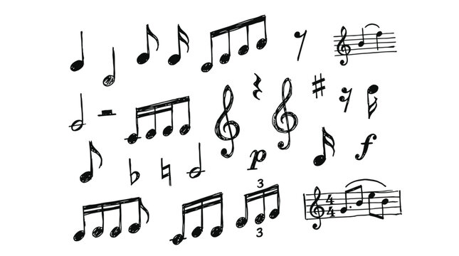 Set of hand drawn musical notes and symbols for music composition including clefs and rhythmic notation elements