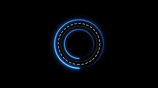 Futuristic neon blue circular hud with animated dashes on black background....