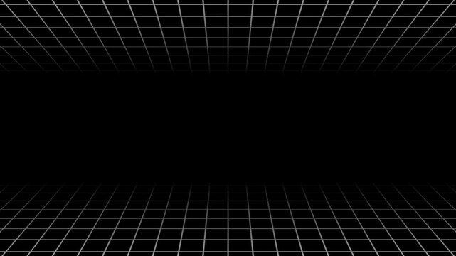 Retro 80s Sci-Fi white Wireframe Grid Tunnel Animation, Futuristic white Neon Grid Perspective Cyberspace Background, Digital Green Perspective Grid in Dark Cyberspace Void