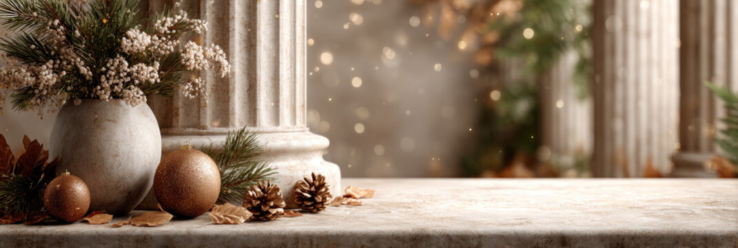 Rustic stone table with christmas ornaments, pinecones, dried leaves and evergreen vase before classical columns and soft bokeh lights-warm, neutral product display space