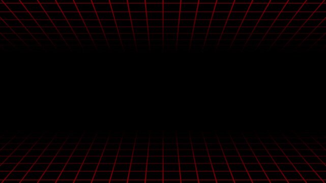 Retro 80s Sci-Fi red Wireframe Grid Tunnel Animation, Futuristic Red Neon Grid Perspective Cyberspace Background, Digital Green Perspective Grid in Dark Cyberspace Void