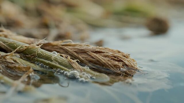 Dried Reeds Swaying Gently in Flowing Water, Creating a Tranquil and Natural Looping Animation. Subtle Movement and Reflections.
