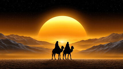 Obraz premium Three figures on camels journeying across a desert with mountains under a bright guiding star, symbolizing the spiritual pilgrimage, faith, and anticipation of the birth of jesus
