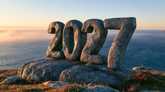 Large stone numbers 2027 standing on a rocky cliff edge, overlooking a calm ocean with soft morning mist during a golden sunrise