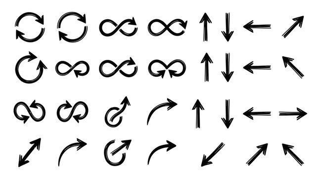 Set of black hand drawn arrows and infinity symbols with sketchy texture for business design and navigation elements