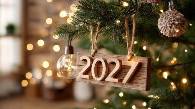 Wooden numbers spelling 2027 are hanging from a christmas tree branch adorned with warm glowing lights and clear glass baubles, symbolizing the upcoming new year celebration and future anticipation