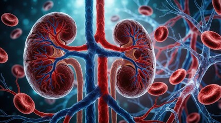 Fototapeta premium 3D render shows human kidneys with complex blood vessel network. Red, blue arteries carry blood cells through renal system. Medical illustration internal anatomy, circulation, organ function for