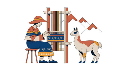 Fototapeta premium Man with llama in a traditional andean scene