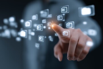 Obraz premium Hand interacting with an AI interface on a digital touchscreen, representing futuristic technology, human-computer interaction, innovation, and intelligent systems in a modern digital environment.