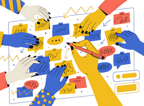 Colorful pixelated hands reaching up in celebration