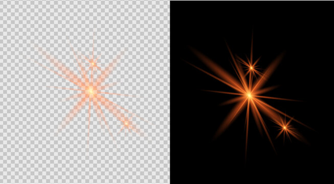 Orange Starburst Light Flare with Radiant Glow and Sparkling Rays on Black Background, vector illustration