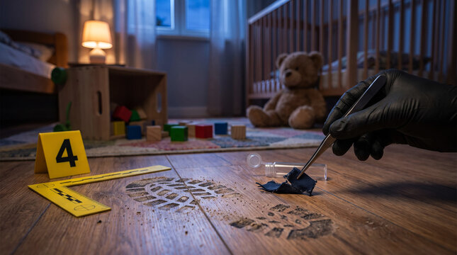 Forensic crime scene investigation in child bedroom with evidence collection, footprint analysis and forensic tools
