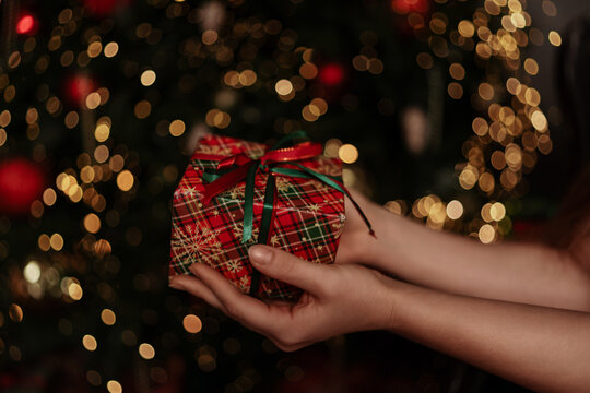 Christmas offering plaid wrapped present held in hands by young woman before glowing holiday tree lights