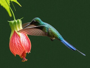 Obraz premium Small green hummingbird hovers near red Abutilon flower. Iridescent bird feeds on nectar from hanging blossom in tropical rainforest. Macro shot shows vibrant plumage, detailed feathers of avian