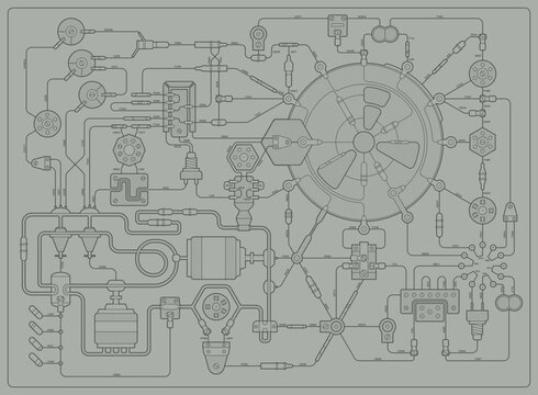 Grey abstract mechanical schematic illustration