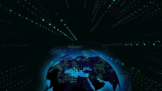 Digital Earth globe animation expands with glowing blue and teal dots. Continental planetary cartography telemetry routes on the globe. Worldwide telecommunication networks power the Earth globe.