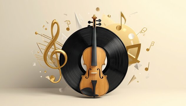Golden violin and vinyl record with music notes