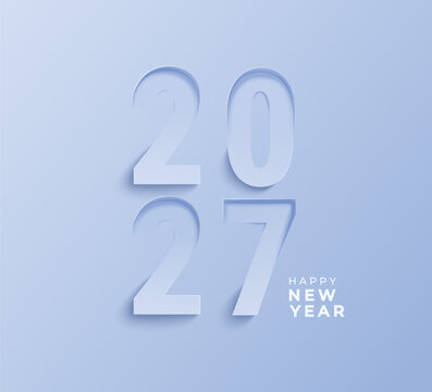 Elegant greeting card for 2027 New Year. Embossed 3d numbers in minimalist modern papercut style. Monochrome banner for flyers, web, posters, business diaries, calendar, covers. Vector illustration.