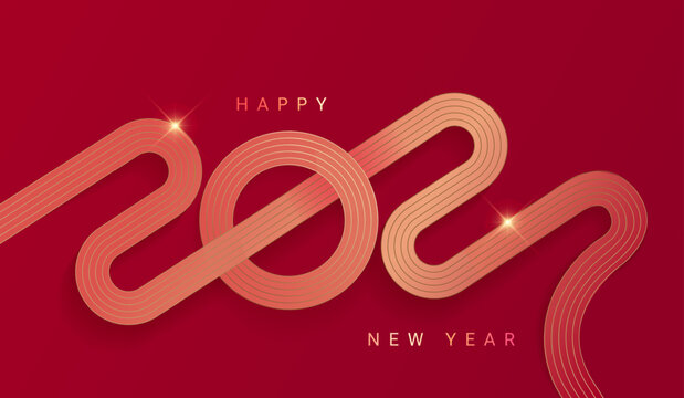 2027 New Year simple linear banner with numbers from golden lines with wishing text on red background. Luxury template for cards, posters, flyers, web. Premium vector design for New year and Christmas