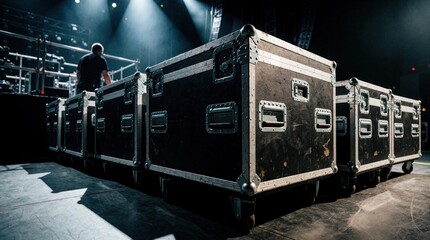 Fototapeta premium Black heavy duty flight cases with metal edges stand in row on concert stage floor. Pro audio gear equipment in transport boxes ready for music tour. Road crew technician prepares production setup at