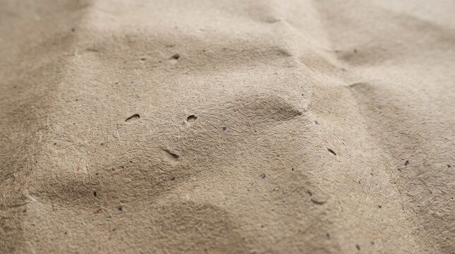 Close up of rough brown craft paper with creased texture and small fiber inclusions for sustainable packaging.