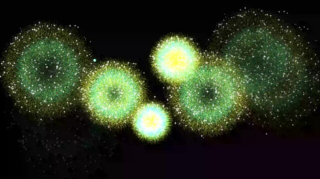 Colorful Firework black screen 4k video, Colorful fireworks are glowing in the night sky. Happy new year concept. Circle bursting, flat, vector, doodle style random explosion.
