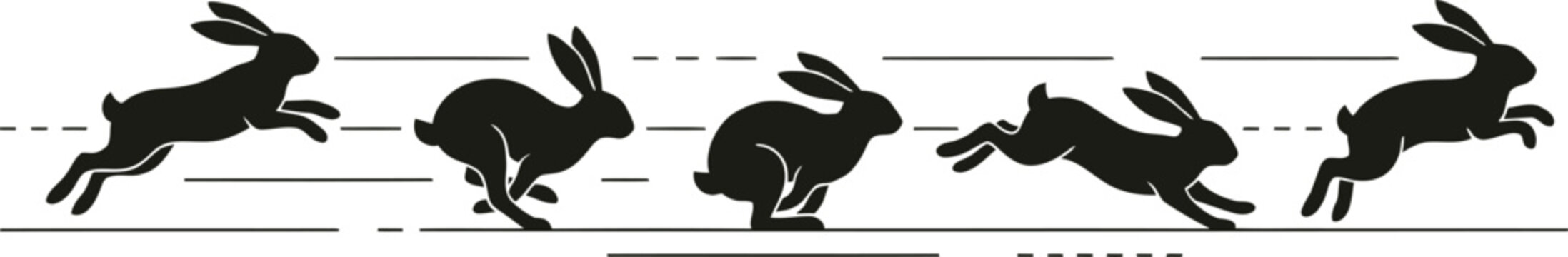 Running rabbits silhouettes vector sequence showing consecutive stages of fast hopping motion.