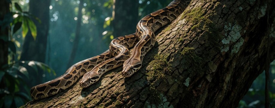 Two large pythons slither on thick tree trunk in tropical jungle. Wild snakes move through dense green rainforest. Reptiles hunt in humid forest habitat near mossy wood. Predators crawl on bark among
